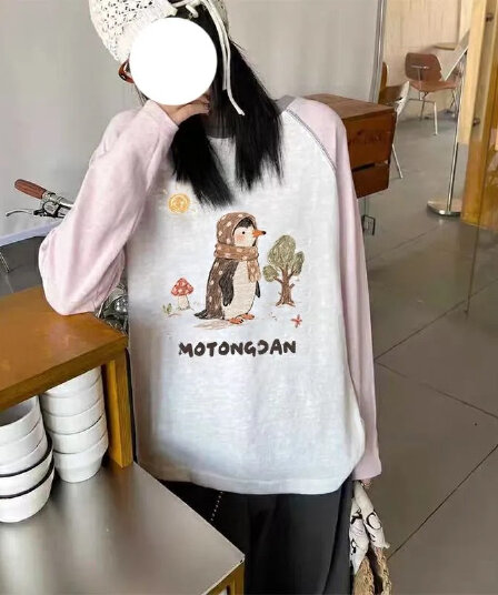 광저우 눈꽃 면 이후 테두리 프린트 명시적 스티치 패치워크 루즈핏 삽입 어깨 소매 티셔츠 여성 여름