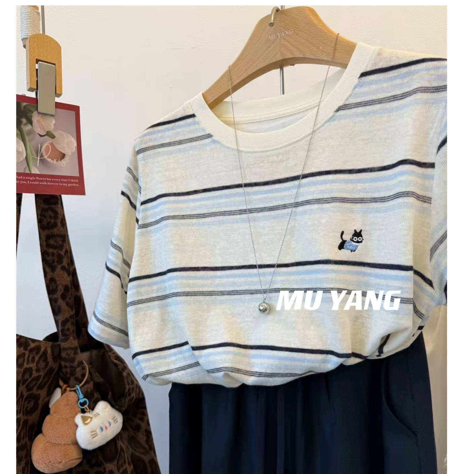 고주파 착용 가져 가라. 한국 ins 둘 색상 검은 눈 고양이 배색 스트라이프 반팔 티셔츠 여성 얇은 맨위