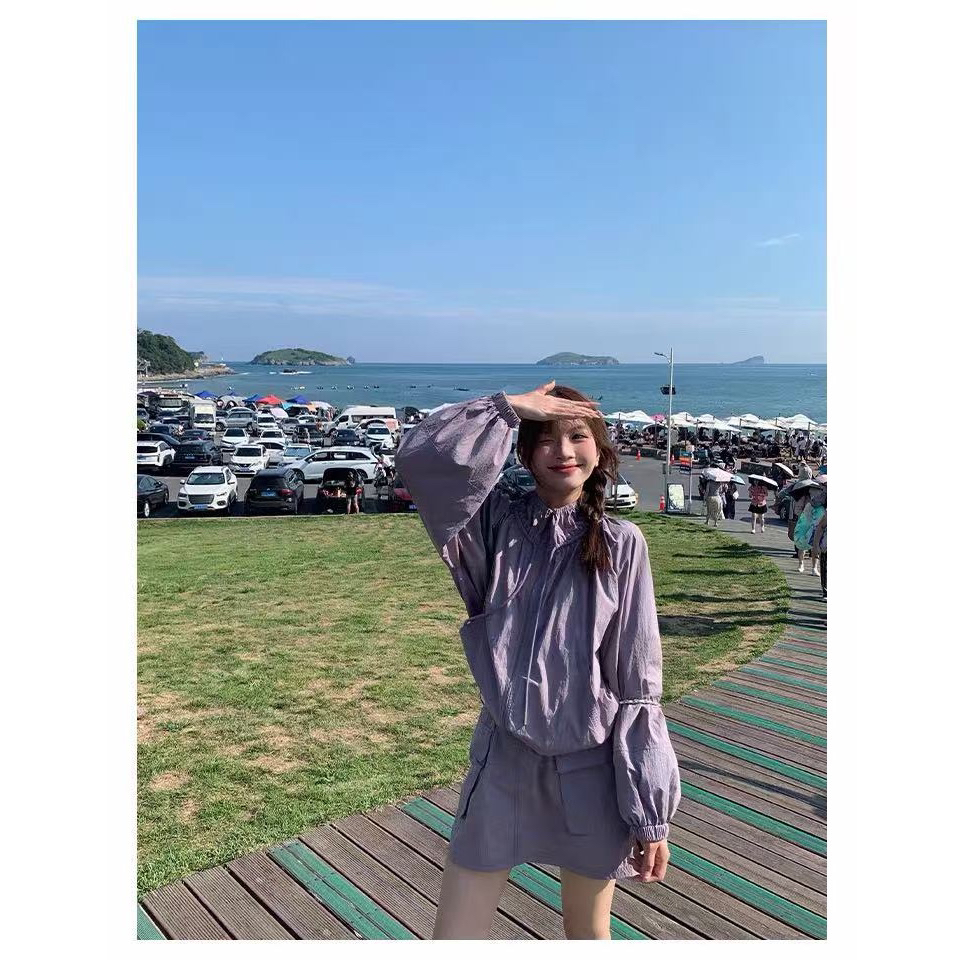 고급 센스 야외 스포츠 슈트 여성 여름 보라색 느긋한 바람 자외선 차단 요금 외투 미니 스커트 캐주얼 투피스 세트
