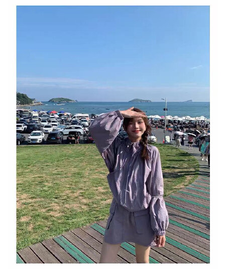 고급 센스 야외 스포츠 슈트 여성 여름 보라색 느긋한 바람 자외선 차단 요금 외투 미니 스커트 캐주얼 투피스 세트
