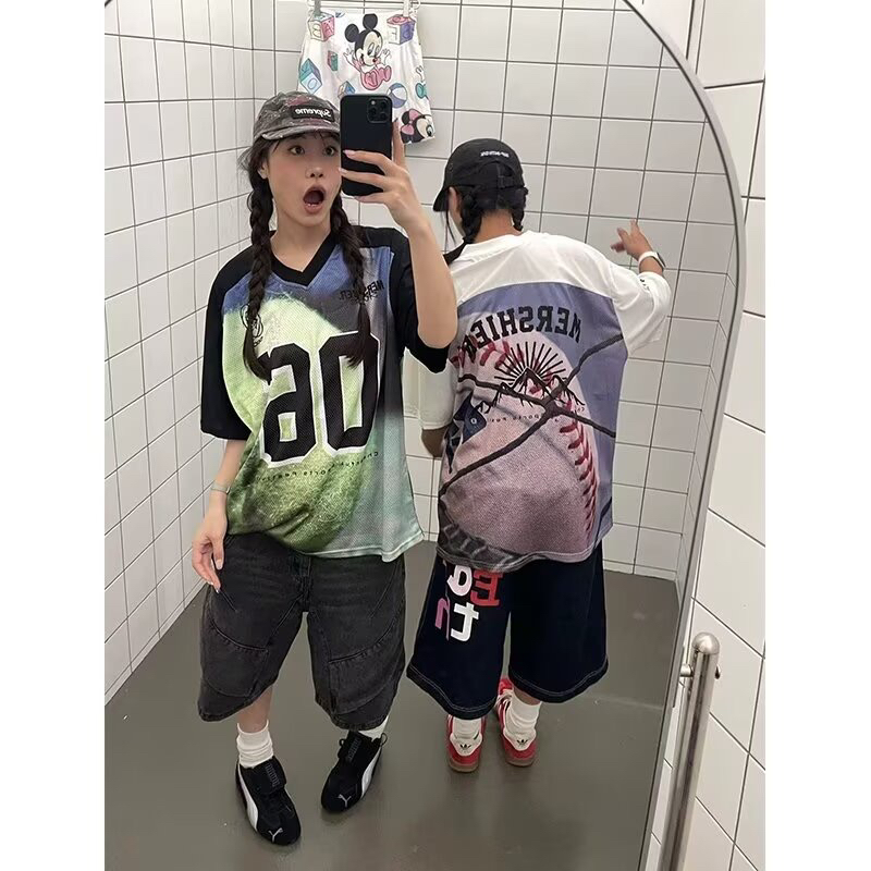 아메리칸 레트로 거리 트렌드 작은 대중 V넥 저지 프린트 반팔 티셔츠 여성 레저 루즈핏 다용도 맨위