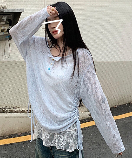 네클라인 별 색상 랜덤 ~ 중 파란색 고유 한 별 단추 얇은 스타일 자외선 차단 블라우스 여성 봄