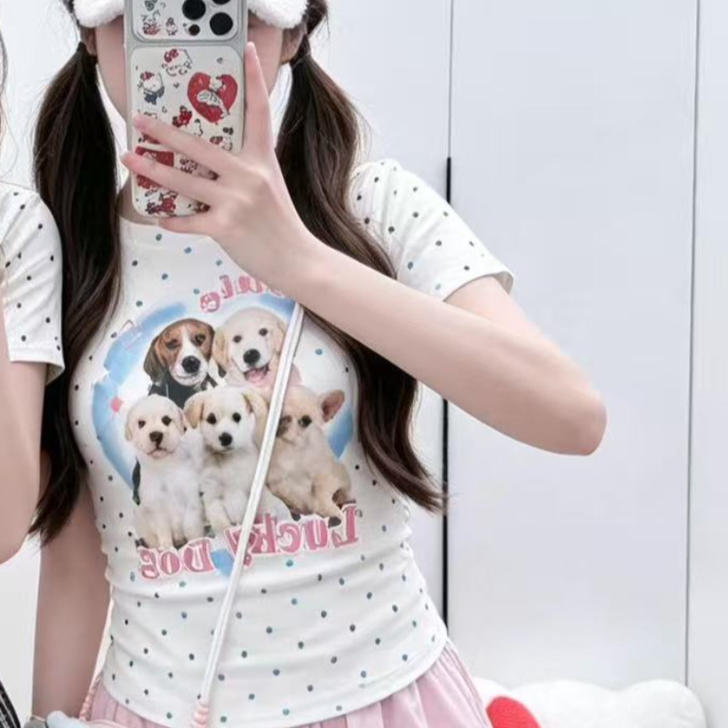 아메리칸 레트로 도트 무늬 긍정적 인 어깨 라운드 넥 프린트 반팔 티셔츠