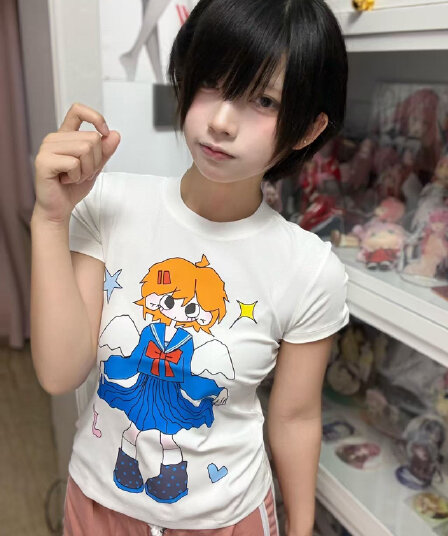 아메리칸 레트로 긍정적 인 어깨 라운드 넥 프린트 반팔 티셔츠