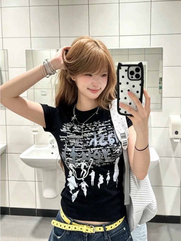 아메리칸 레트로 긍정적 인 어깨 라운드 넥 프린트 반팔 티셔츠