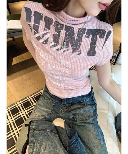 달콤한 핫걸 알파벳 프린트 반팔 티셔츠 여성 ins 여름 섹션 디자인 몸매 가꾸기 슬림해 보이는 다용도 Chic 맨위