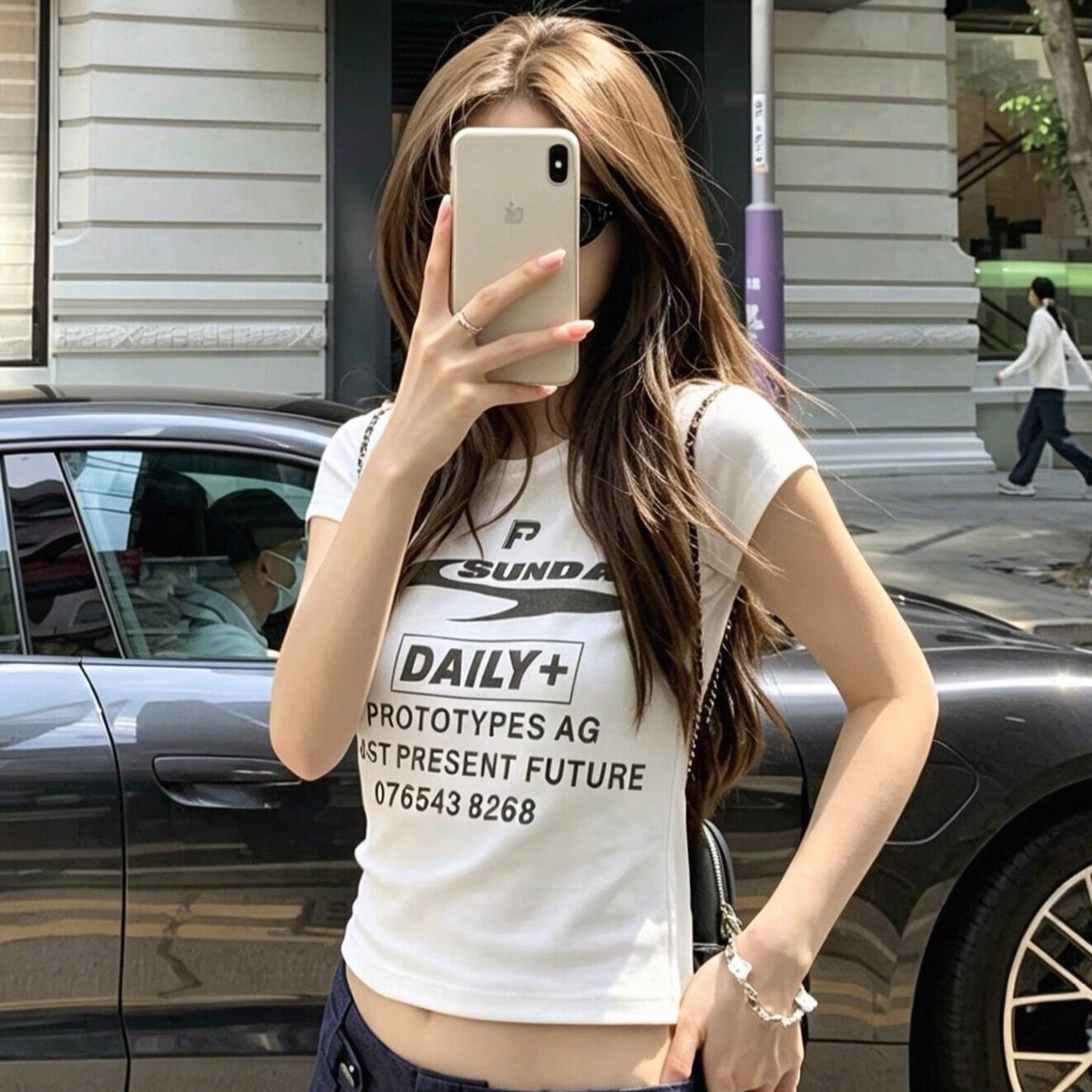 아메리칸 레트로 긍정적 인 어깨 라운드 넥 프린트 반팔 티셔츠