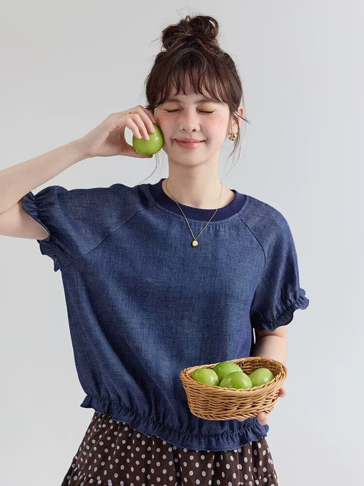 프랑스식 프릴 삽입 어깨 소매 데님 반팔 여성 셔츠 여름 새로운 작은 대중 루즈핏 미니멀리즘 라운드 넥 티셔츠 맨위