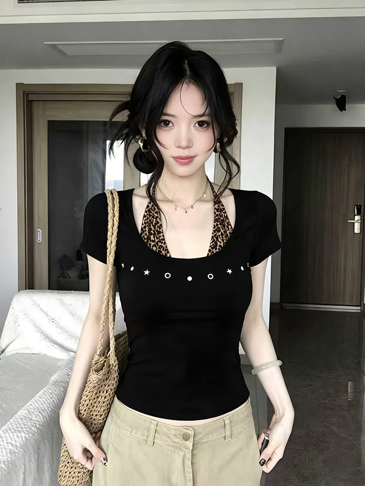 아메리칸 행침 목 반팔 티셔츠 여성 여름 품격 디자인 센스 고유 한 아름다운 맨위