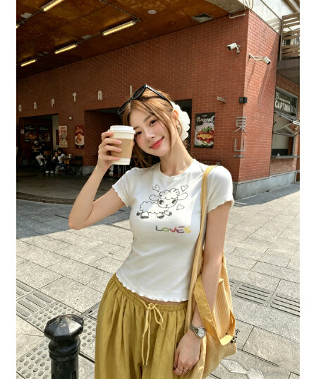 사람들 면 자카드 패션 다용도 순수한 욕망 달콤한 매운맛 어린 양 프린트 하트 반팔 레이스 티셔츠 여성 여름 허리 수축 맨위