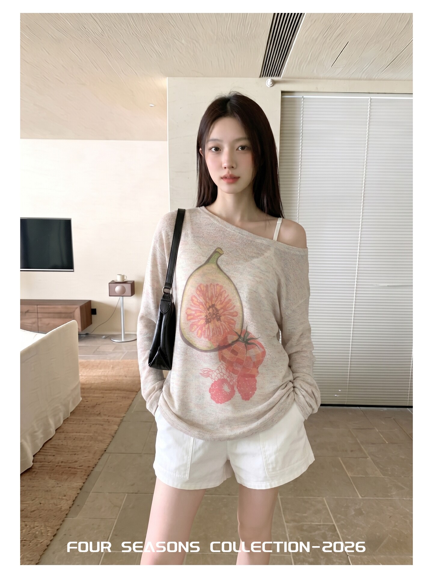 원본 원단 디자인 센스 작은 대중 Fig 프린트 티셔츠 여름 새로운 작은 대중 루즈핏 캐주얼 긴팔 블라우스