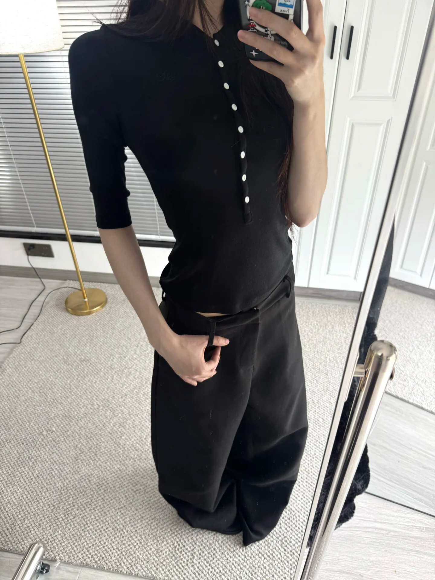 1 1 인 면 반소매 티셔츠 긍정적 인 어깨 몸매 가꾸기 단추 헨리 칼라