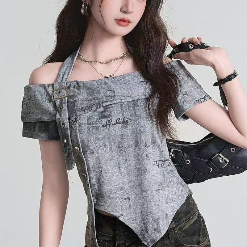 아메리칸 핫걸 바람 착용 가져 가라. 홀치기 염색 오프숄더 반팔 티셔츠 여성 여름 로얄 자매 디자인 센스 허리 수축 오프숄더 맨위