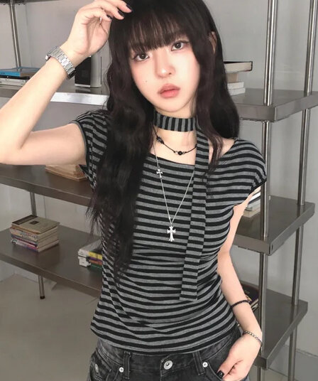 원본 원단 컬러 짜임 기사 오프숄더 리본 디자인 스트라이프 반팔 티셔츠 여성 핫걸 슬림해 보이는 허리 수축 다용도 맨위