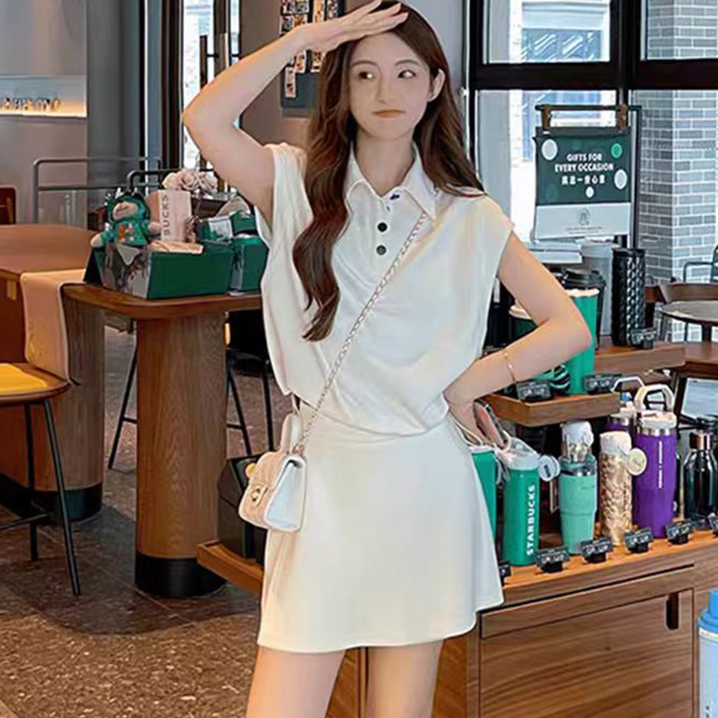 패션 세트 여성 여름 새로운 작은 대중 디자인 센스 살구 색상 POLO 칼라 반팔 하이웨이스트 다용도 반바지
