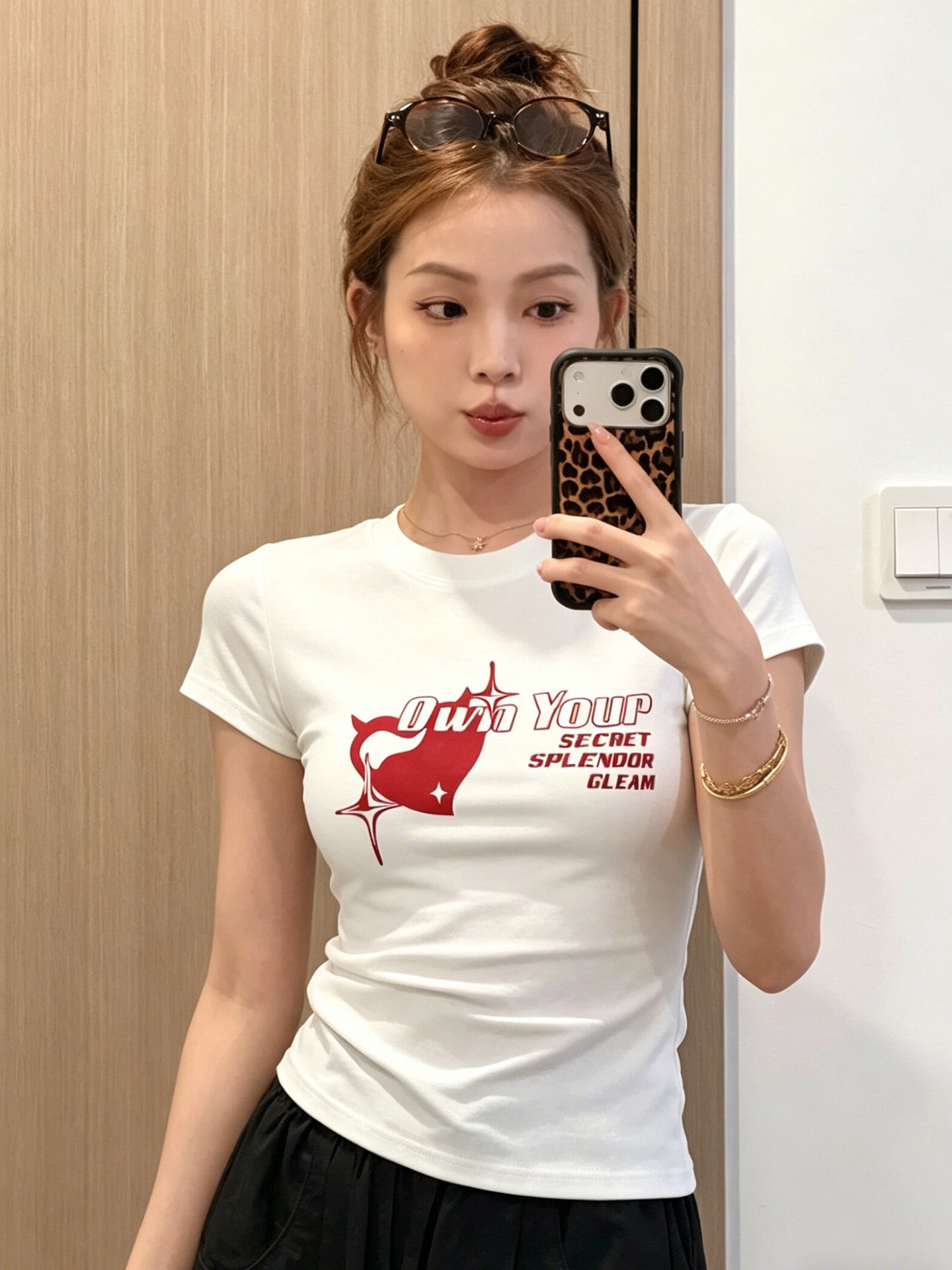 아메리칸 레트로 긍정적 인 어깨 라운드 넥 프린트 반팔 t