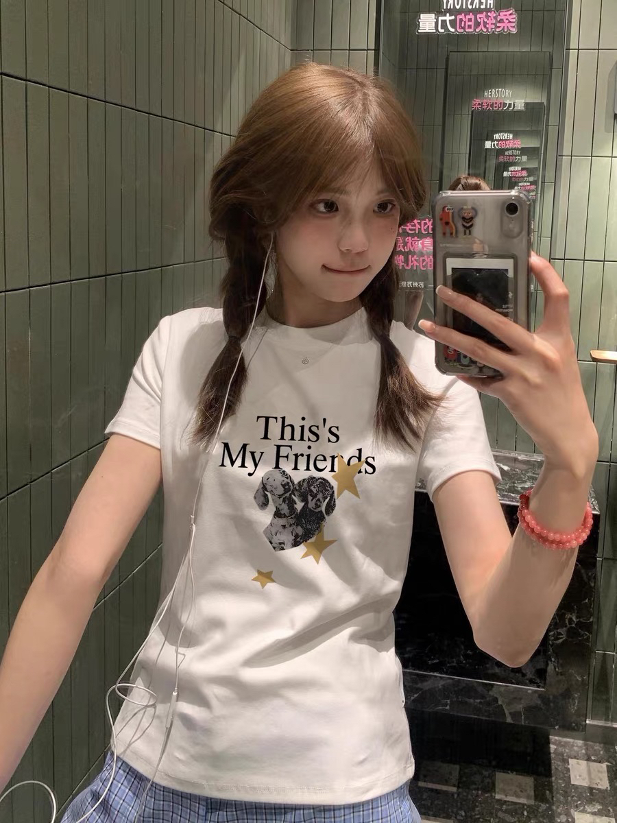 아메리칸 레트로 긍정적 인 어깨 라운드 넥 프린트 반팔 t