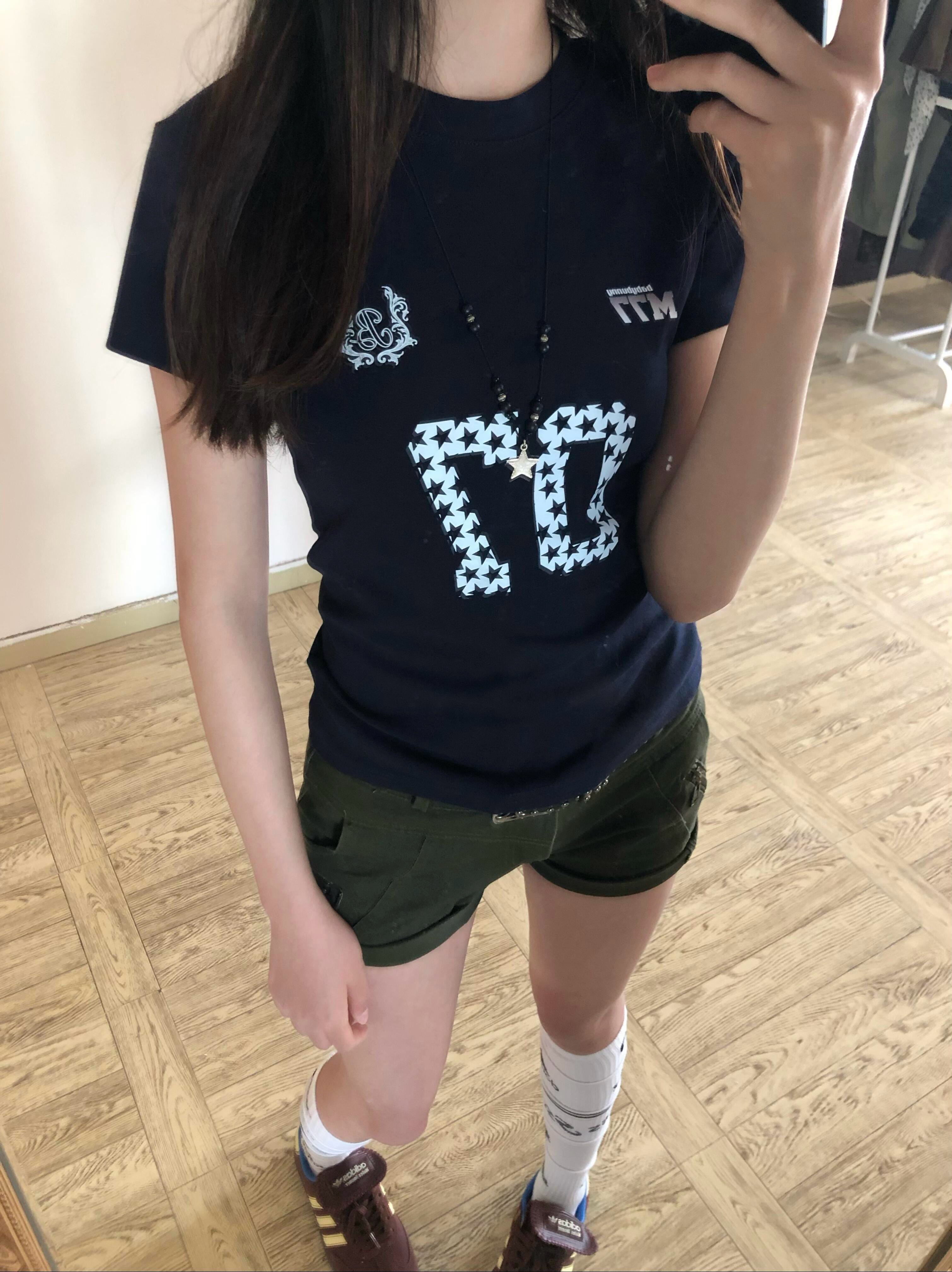 아메리칸 레트로 긍정적 인 어깨 라운드 넥 프린트 반팔 t