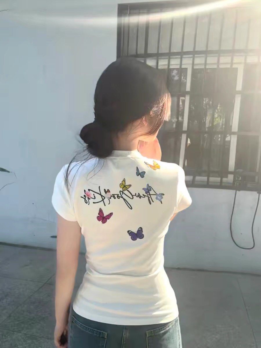 아메리칸 레트로 긍정적 인 어깨 V넥 프린트 반팔 t