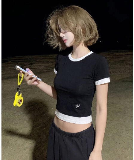 원본 원단 밑단 자수 210 그램 95 면 40s 오스트리아 델 달콤한 핫걸 여름 가짜 두 조각 반팔