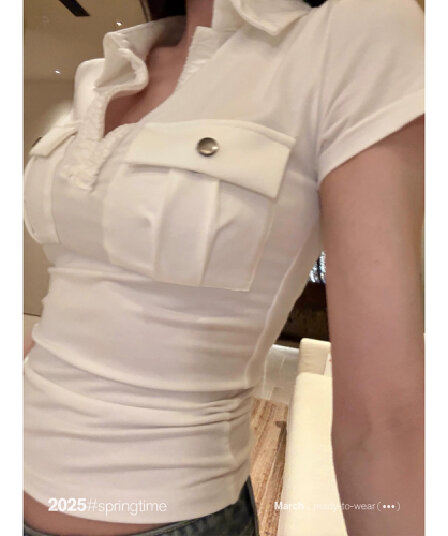 40 순면 92 면 8 암모니아 Lun 260 그램 V넥 주머니 티셔츠 여성 봄 새로운 섹시함 디자인 센스 몸매 가꾸기