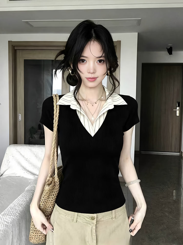 한 부서 달콤한 차가운 바람 POLO 칼라 페이크 레이어드 긍정적 인 어깨 반팔 t