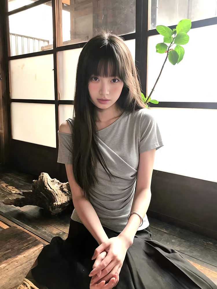 아메리칸 핫걸 오프숄더 주름 반팔 티셔츠