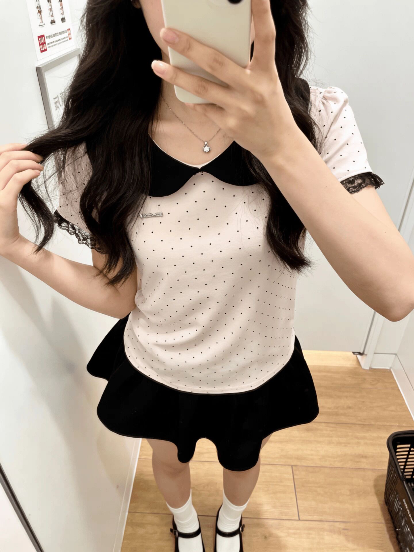핑크색 부드러운 바람 베이비 칼라 도트 무늬 반팔 ins