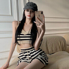 批发辣妹风条纹吊带背心上衣+休闲宽松短裤运动洋气套装女<b class='q'>夏</b>时尚减龄