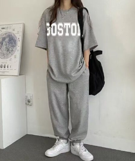 단색 다양성 조수 브랜드 여성 의류 세트 두 조각 한국 스타일 라운드 넥 반팔 긴 바지 투피스 세트 2026 새로운