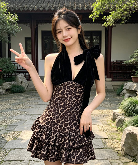 섹시함 퍼프 스커트 천 금빛 바람 행침 목 백리스 몸매 가꾸기 슬림해 보이는 드레스 트렌디 2026 새로운 봄 가을 레오파드 무늬