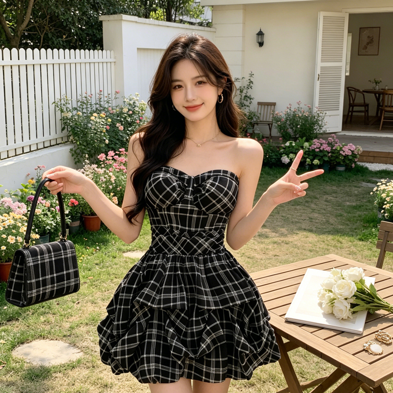 레트로 체크무늬 드레스 소녀 작은 키 허리 수축 디자인 품격 슬림해 보이는 미니 스커트 2026 여름
