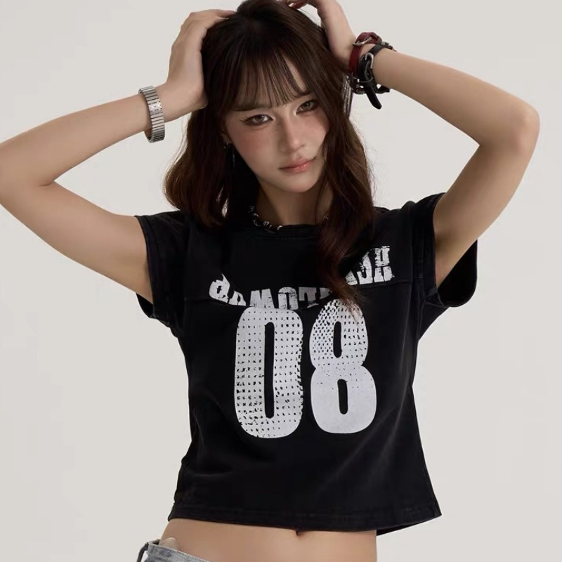 아메리칸 레트로 긍정적 인 어깨 라운드 넥 프린트 반팔 티셔츠