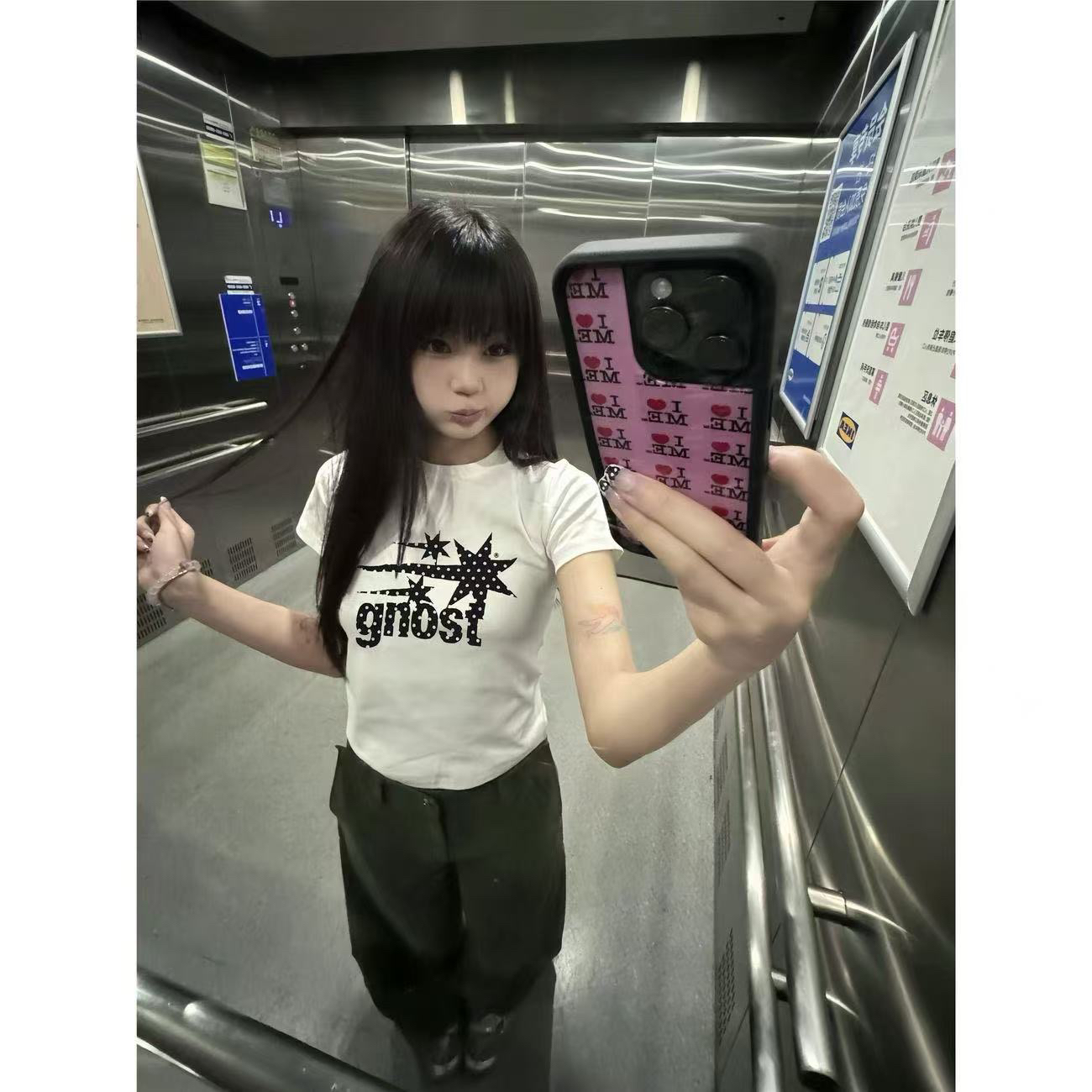 아메리칸 레트로 긍정적 인 어깨 라운드 넥 프린트 반팔 티셔츠
