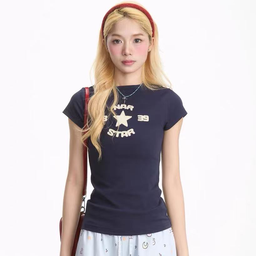 아메리칸 레트로 긍정적 인 어깨 라운드 넥 프린트 반팔 티셔츠