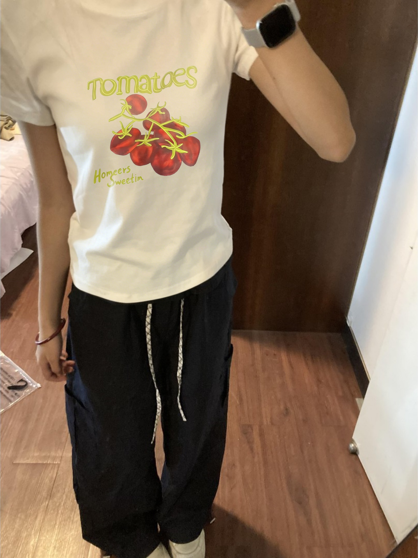 아메리칸 레트로 긍정적 인 어깨 라운드 넥 프린트 반팔 티셔츠