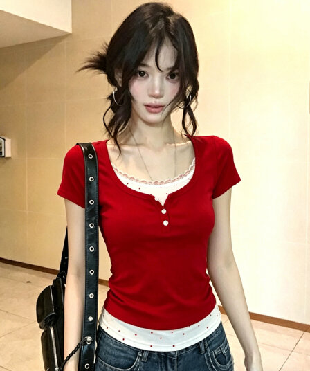 210 그램 40 순면 페이크 레이어드 레이스 레이스 반팔 티셔츠 여성 몸매 가꾸기 긍정적 인 어깨 의류