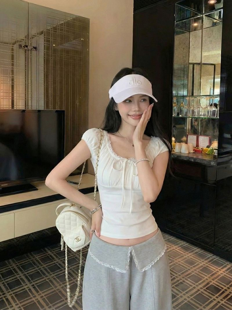 레이스 레이스 패치워크 반팔 티셔츠 여성 몸매 가꾸기 레이스업 맨위