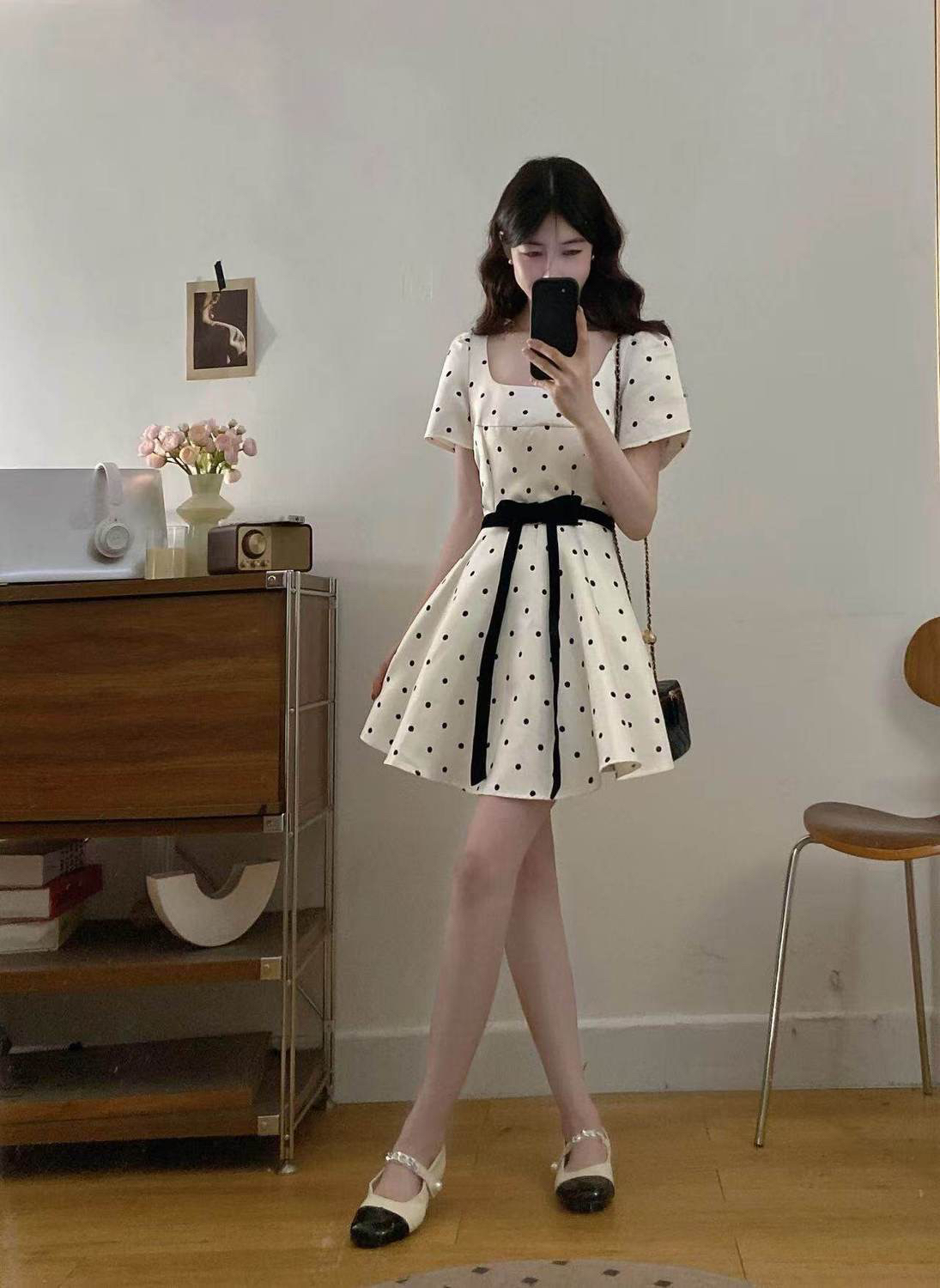 빅 사이즈 프랑스식 도트 무늬 여성 드레스 여름 지방 mm 휴가 바람 광장 칼라 허리 수축 A라인 스커트 화이트 품격 미니 스커트