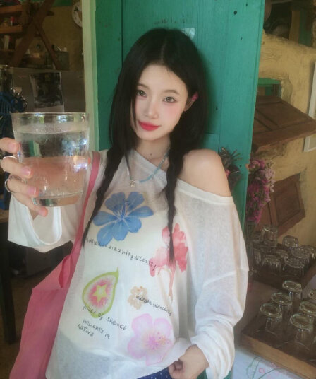 한 부서 비스듬한 어깨 프린트 티셔츠 자외선 차단 기본 셔츠 블라우스 통기성 루즈핏