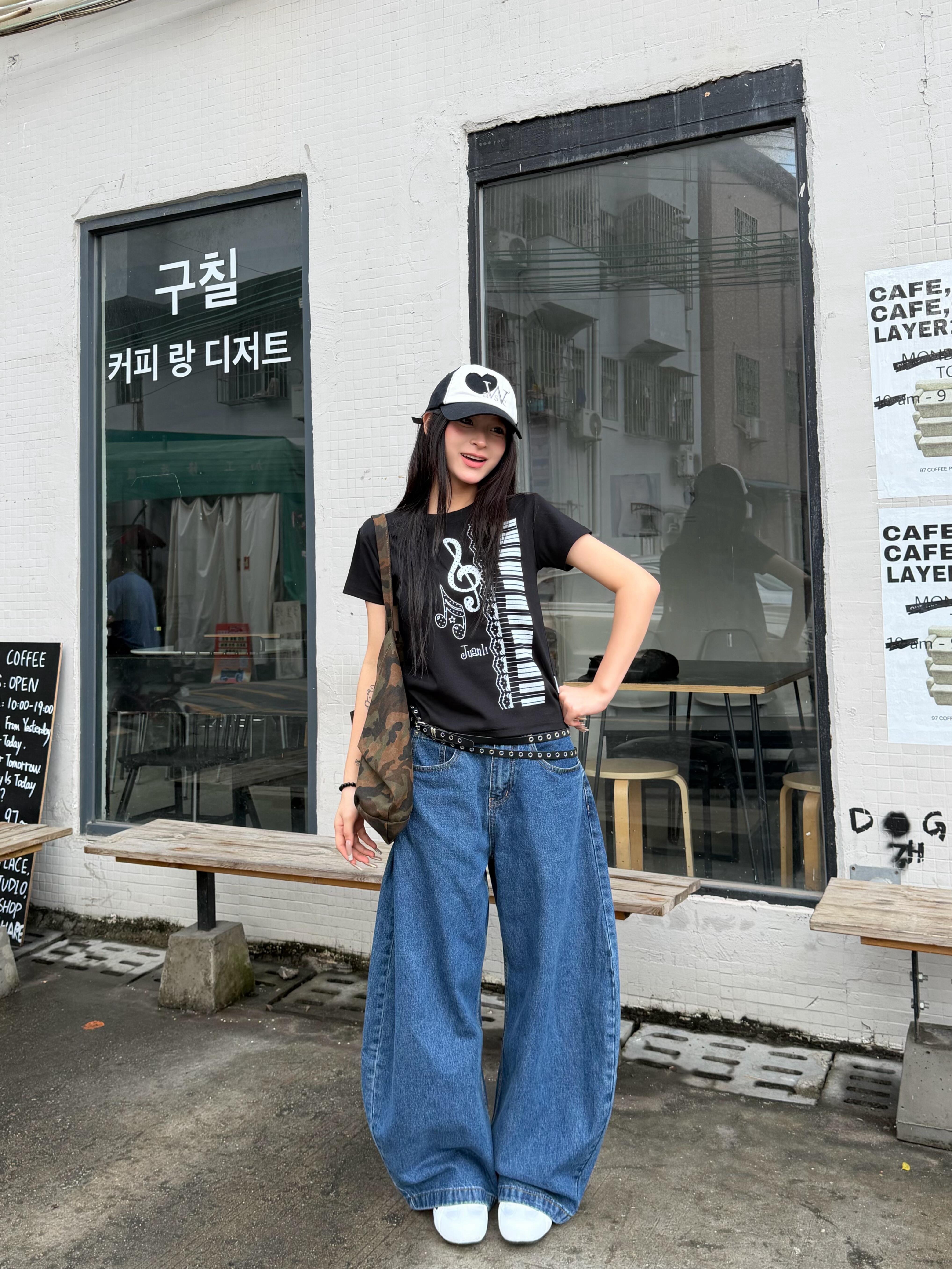 아메리칸 레트로 긍정적 인 어깨 라운드 넥 프린트 반팔 티셔츠
