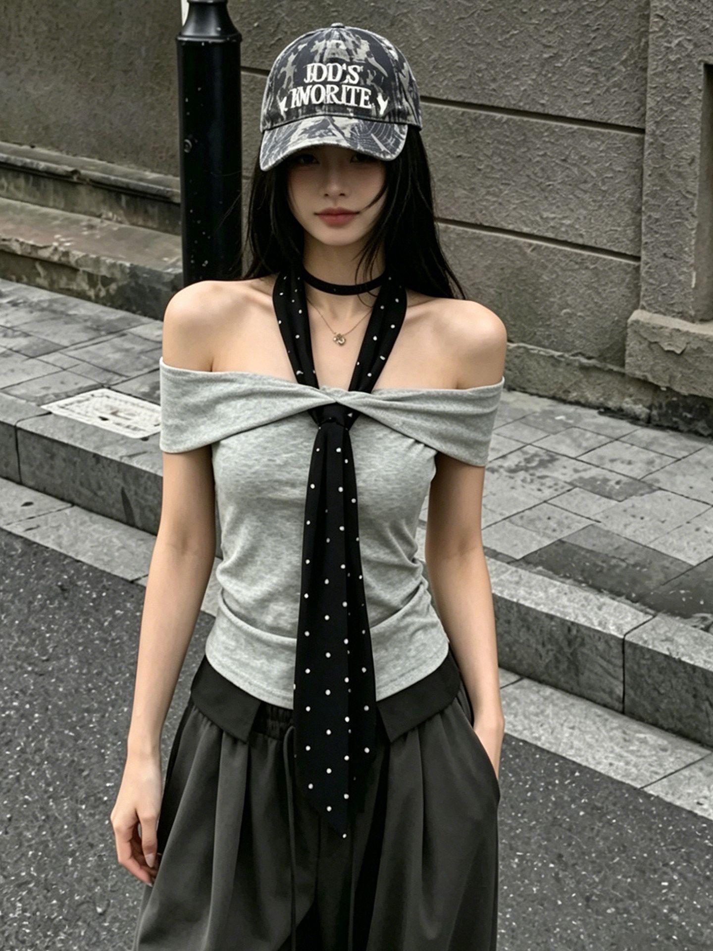 40 순면 210 그램 회색 오프숄더 도트 무늬 행침 목 반팔 티셔츠