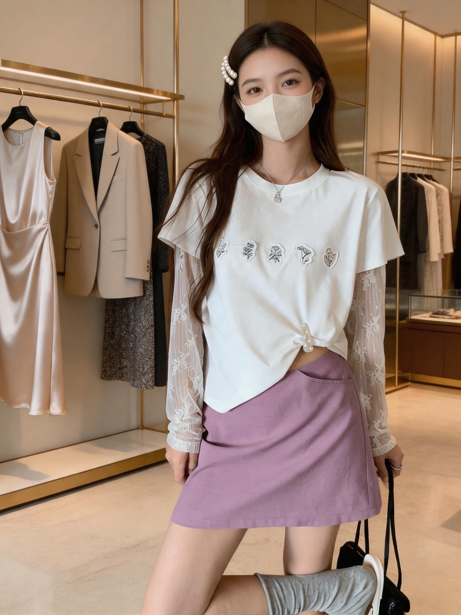 순면 더블 실 작은 대중 춤 레이스 조각 패치 자수 디자인 센스 페이크 레이어드 긴팔 티셔츠 여성 화이트 맨위
