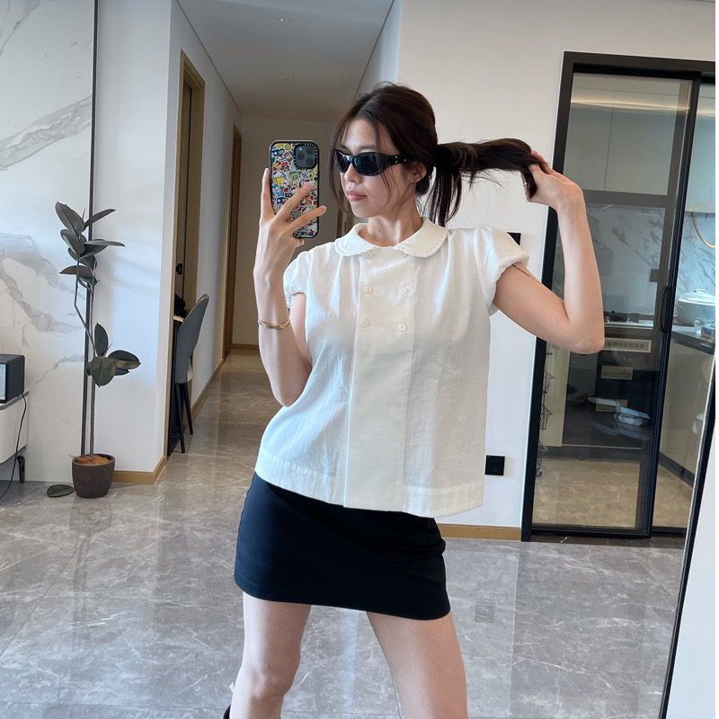 studio 봄 여름 조개 단추 이중 버튼 주름 칼라 세부 사항 인형 셔츠 맨위
