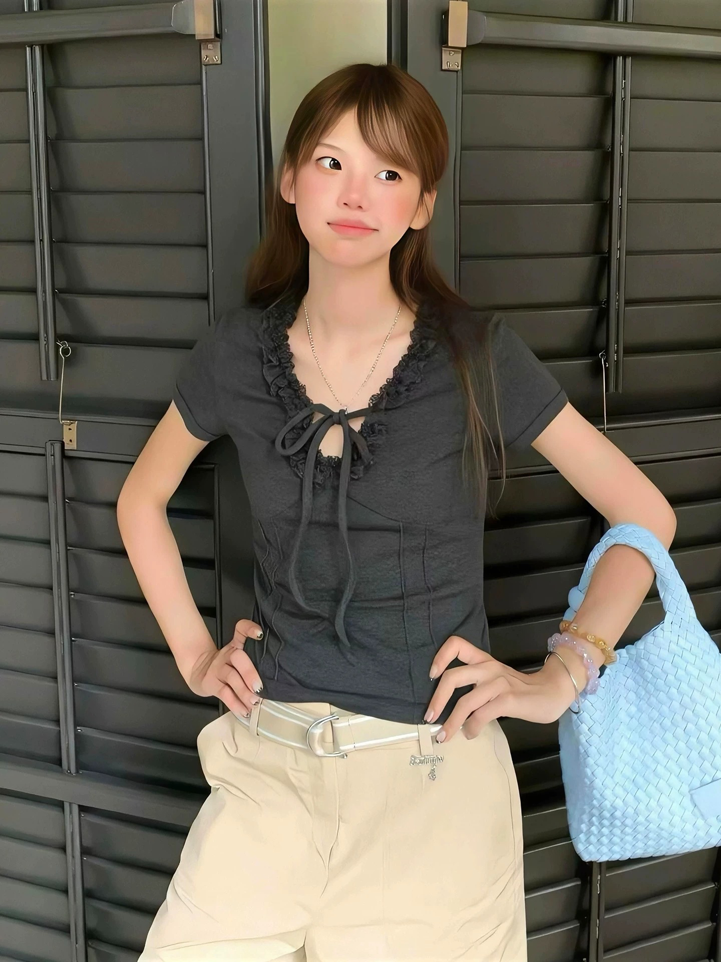 사람들 면 260 그램 아메리칸 핫걸 V넥 레이스 레이스 레이스업 반팔 티셔츠 여성 여름 고유 한 아름다운 맨위