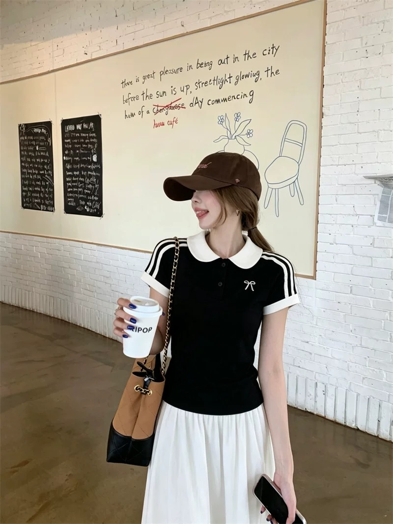 40 순면 패션 트렌드 배색 Chic 베이비 칼라 반팔 티셔츠 여성 여름 몸매 가꾸기 자수 맨위