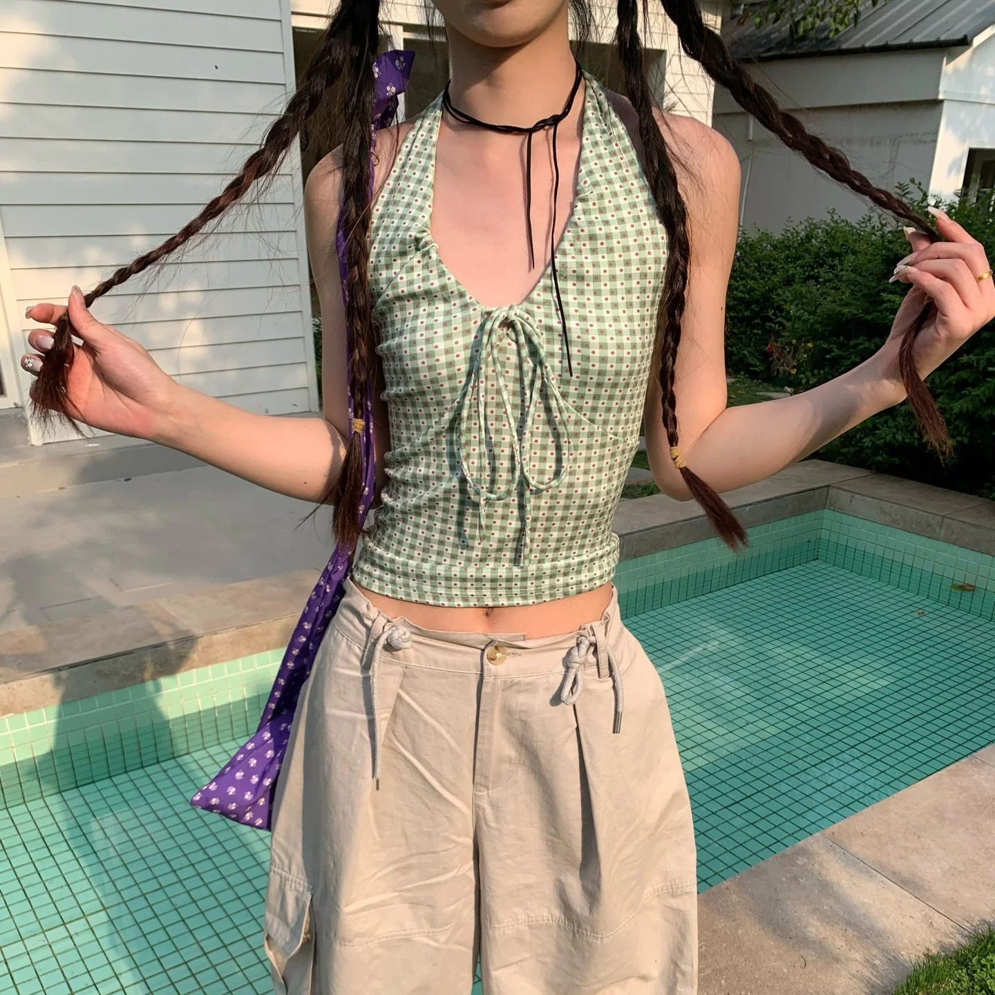 달콤한 스타일 도트 무늬 체크무늬 행침 목 슬립 2026 민소매 V넥 민소매 조끼 몸매 가꾸기 슬림해 보이는 디자인 센스 맨위