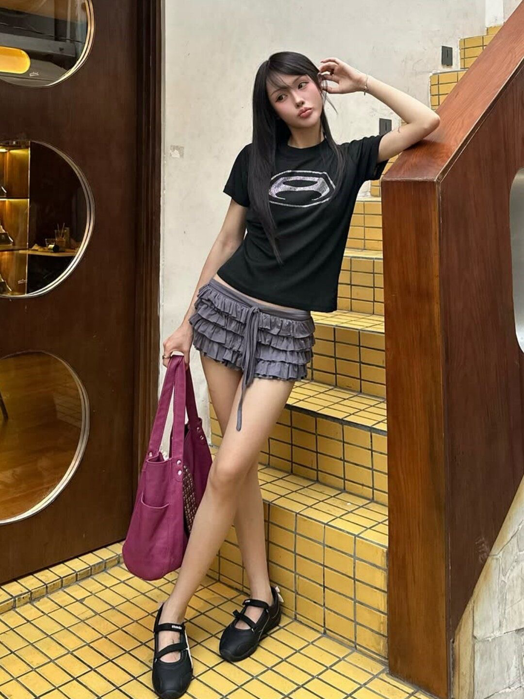 아메리칸 레트로 긍정적 인 어깨 라운드 넥 프린트 반팔 티셔츠