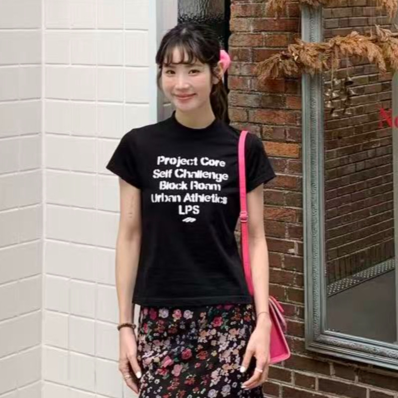 아메리칸 레트로 긍정적 인 어깨 라운드 넥 프린트 반팔 티셔츠