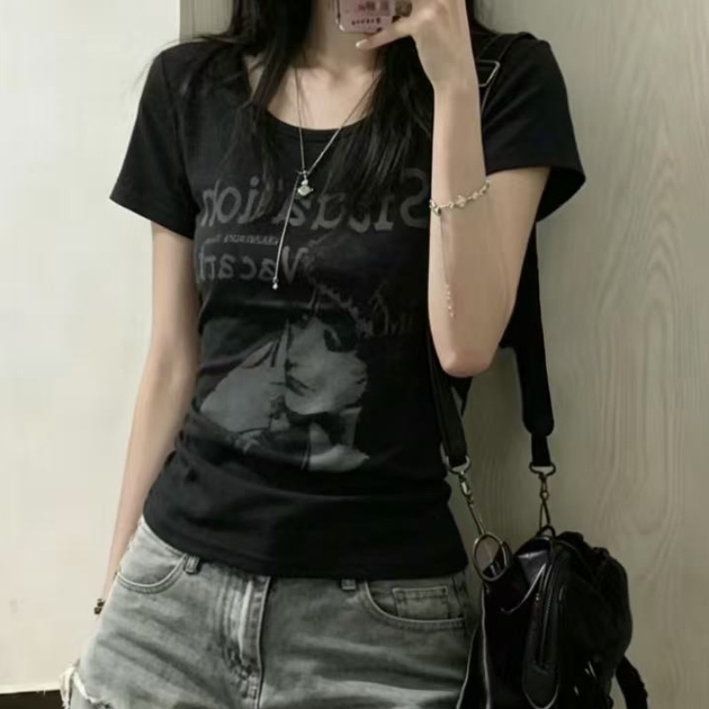 아메리칸 레트로 긍정적 인 어깨 라운드 넥 프린트 반팔 티셔츠